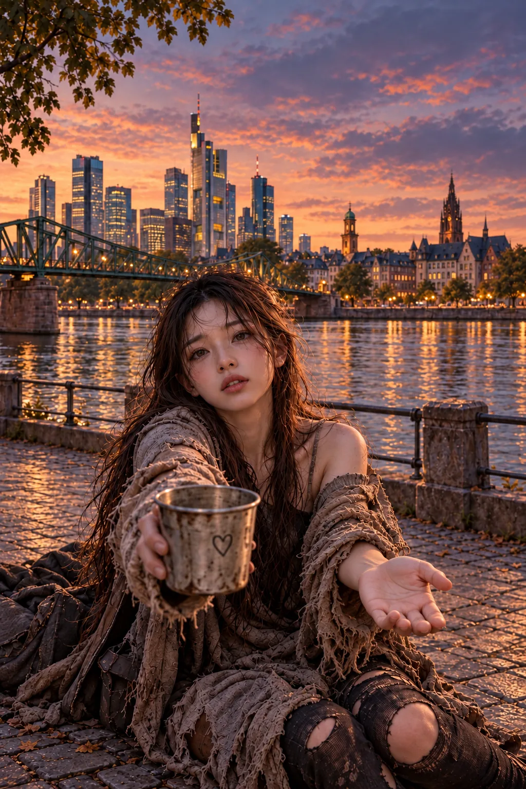 A fictional adult East Asian woman in worn, patched clothes sits beside the Main in Frankfurt, holding an empty cup with one hand and offering her other open palm.